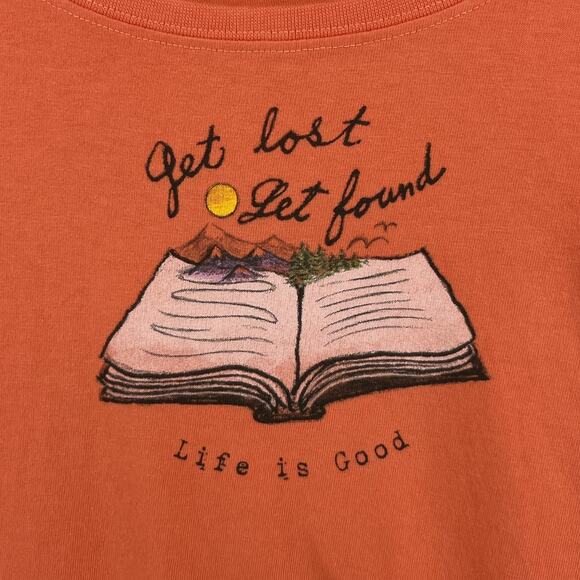 LIFE IS GOOD Shirt Womens L Get Lost Get Found Book Crusher Tee Cotton Orange - Picture 8 of 12